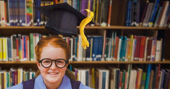 Digital composite of School girl in education library with graduation hat