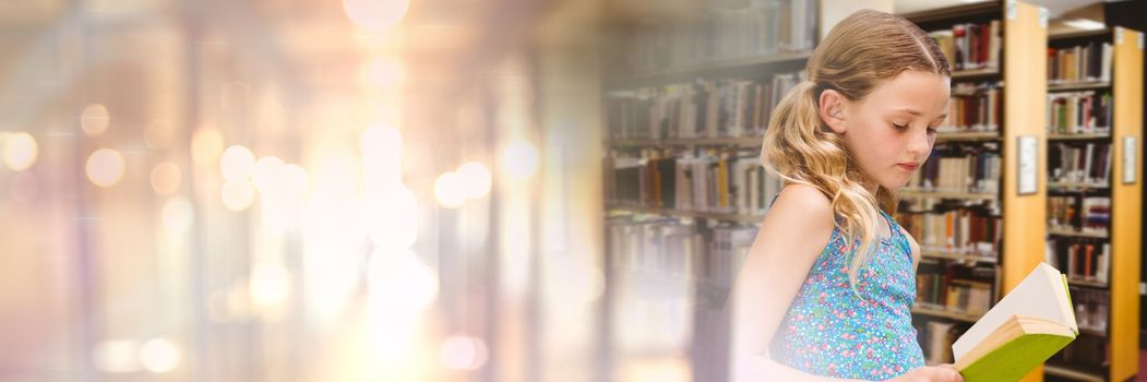 Digital composite of Girl in education library with transition