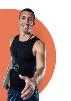 Digital composite of Composite image of personal trainer giving hand