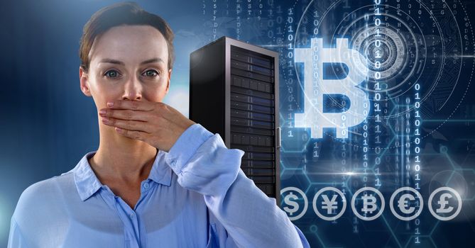 Digital composite of Woman with computer servers and bitcoin technology information interface