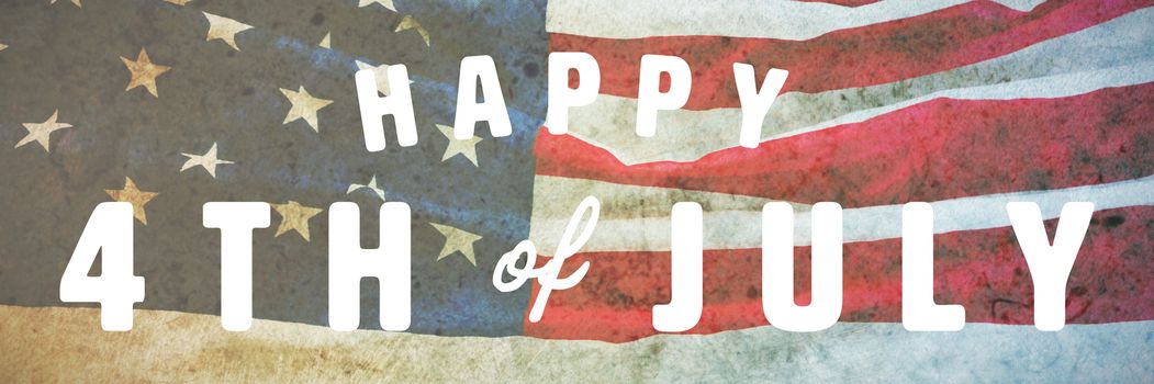 Digitally generated image of happy 4th of july text against american flag on a brown table