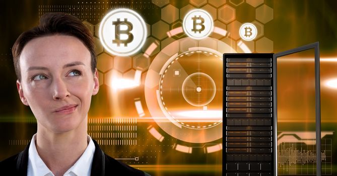 Digital composite of Woman with computer server and bitcoin technology information interface
