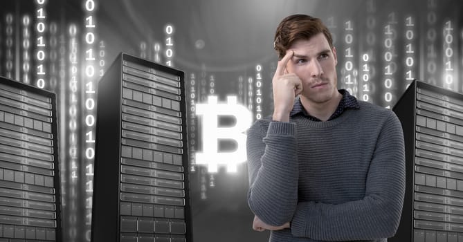 Digital composite of Man with computer servers and bitcoin technology information interface