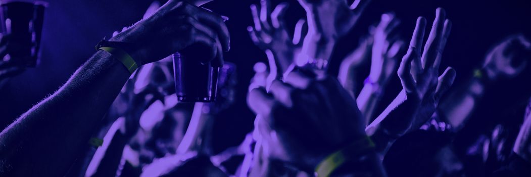 People enjoying while dancing at concert in nightclub