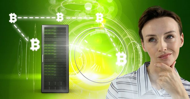 Digital composite of Woman with computer server and bitcoin technology information interface