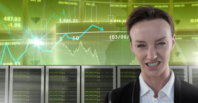 Digital composite of Woman with computer servers and technology information interface