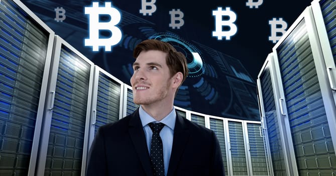 Digital composite of Man with computer servers and bitcoin technology information interface