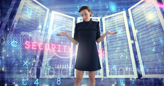 Digital composite of Woman with computer servers and technology information interface