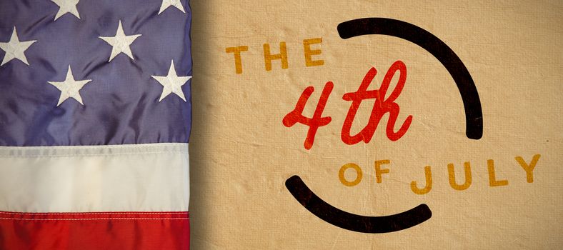 Creased US flag against colorful happy 4th of july text against white background