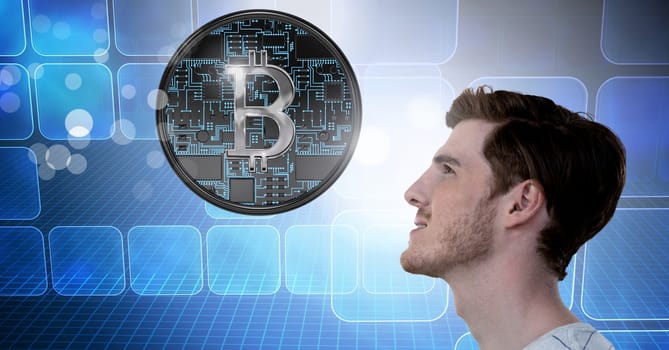 Digital composite of Man with computer servers and bitcoin technology information interface