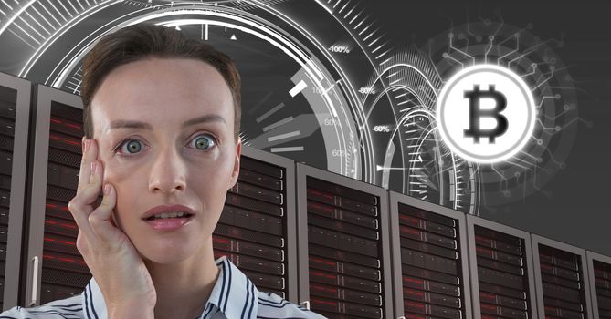 Digital composite of Woman with computer servers and bitcoin technology information interface