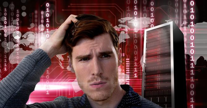 Digital composite of Man with computer server and technology information interface