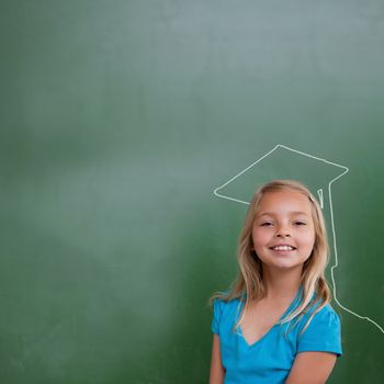 Composite image of cute pupil with graduate outline in classroom