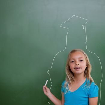 Composite image of cute pupil with graduate outline in classroom