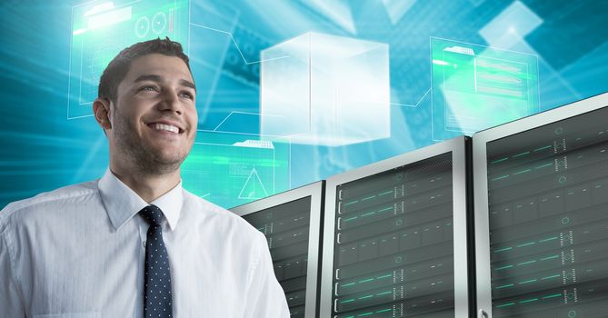 Digital composite of Man with computer servers and technology information interface