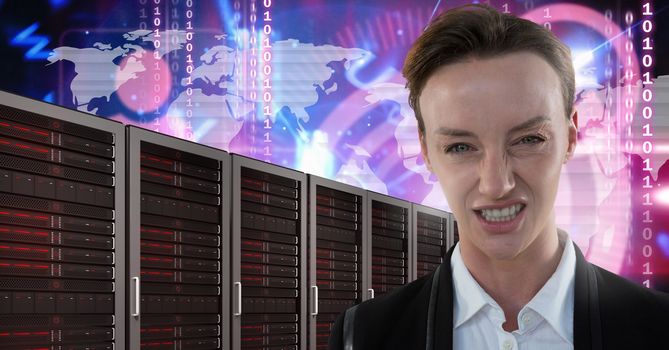 Digital composite of Woman with computer servers and technology information interface