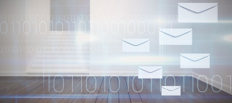 Graphic of envelopes on white background against blue technology design with binary code