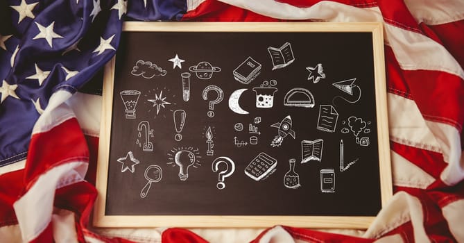 Digital composite of American flag and education drawings on blackboard for school