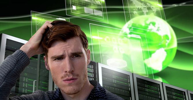 Digital composite of Man with computer servers and technology information interface