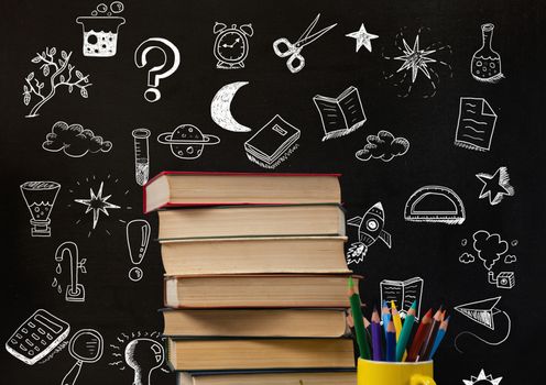 Digital composite of Education drawing on blackboard for school with books