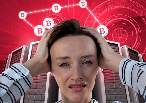 Digital composite of Woman with computer servers and bitcoin technology information interface