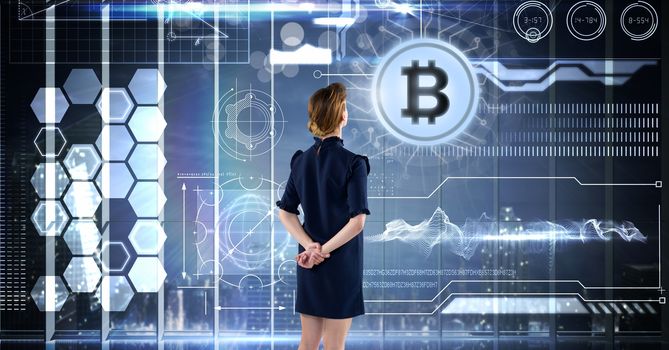 Digital composite of Woman with bitcoin technology information interface