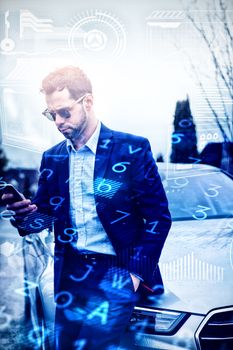 Virus background against man leaning against a car, man looking at his phone