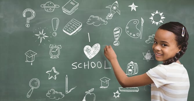 Digital composite of School girl and I love school Education drawing on blackboard