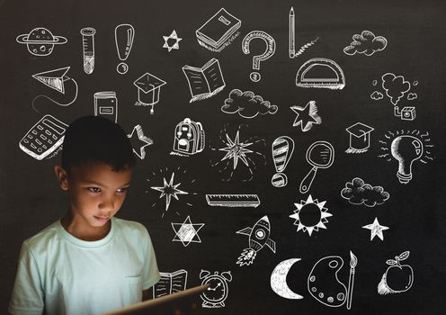 Digital composite of School boy and Education drawing on blackboard for school