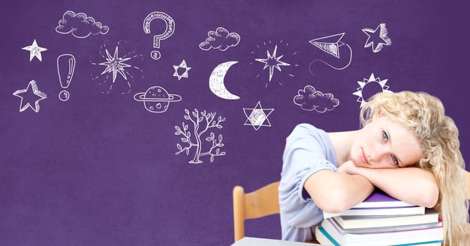 Digital composite of Tired dreaming girl and Education drawing on blackboard for school