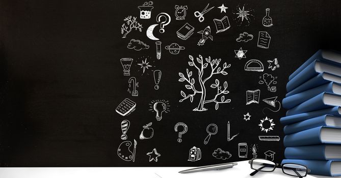 Digital composite of Education drawing on blackboard for school with books