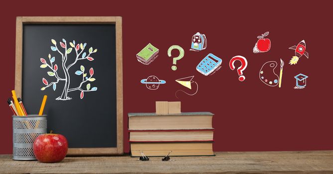 Digital composite of Education drawing on blackboard for school with tree and books