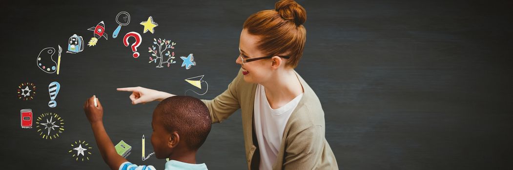 Digital composite of School teacher with boy and Education drawing on blackboard for school