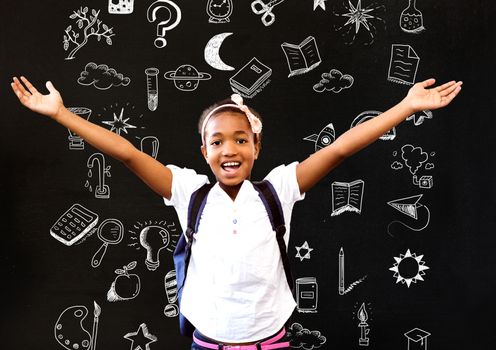 Digital composite of School girl and Education drawing on blackboard for school