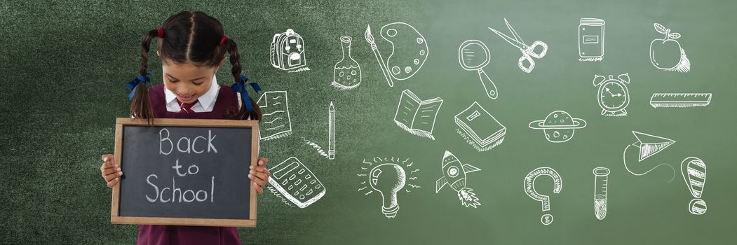 Digital composite of Back to School writing with School girl and Education drawing on blackboard for school