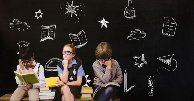 Digital composite of School kids and Education drawing on blackboard for school