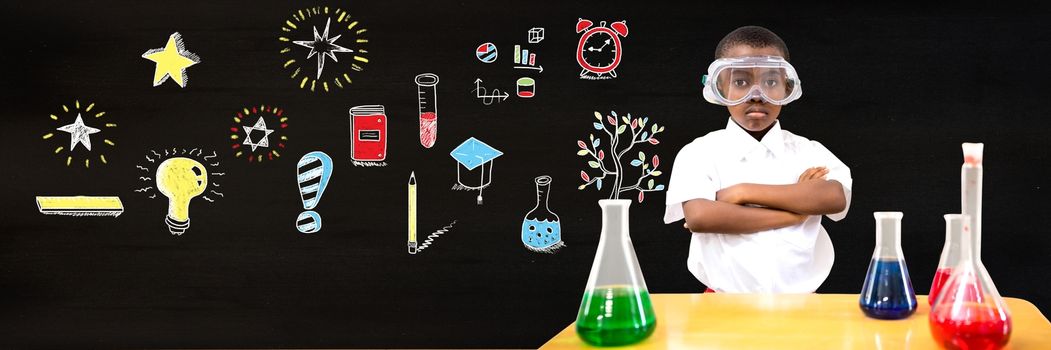 Digital composite of School boy scientist and Education drawing on blackboard for school