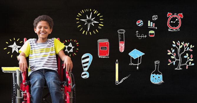 Digital composite of School boy in wheelchair and Education drawing on blackboard for school