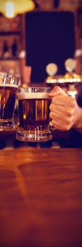 Two young men toasting their beer mugs in pub