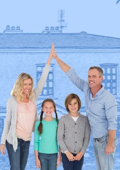 Digital composite of Family in front of house drawing sketch