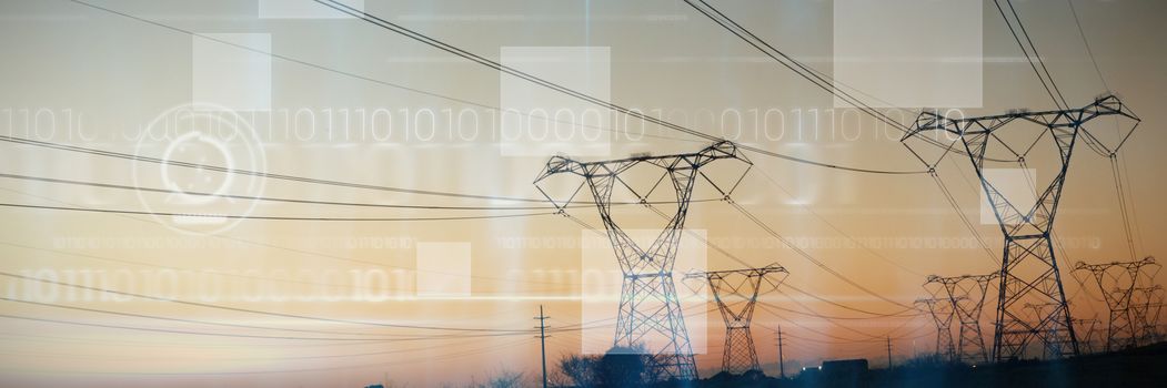 Blue technology design with binary code against the evening electricity pylon silhouette