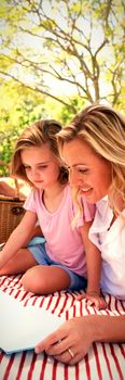 Smiling mother and daughter reading book while father and son playing with football in park