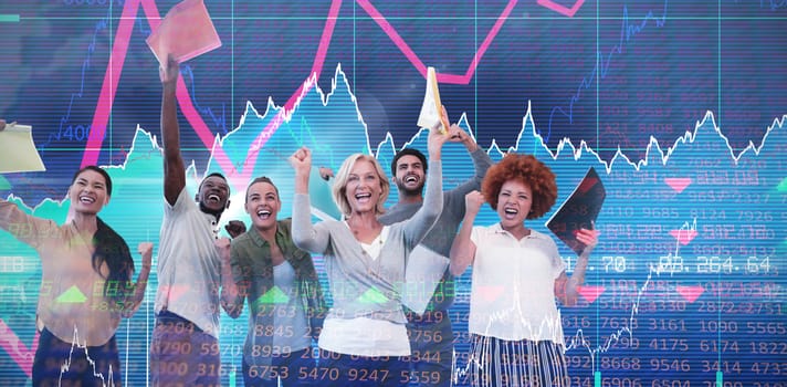 Cheerful business people holding files against stocks and shares