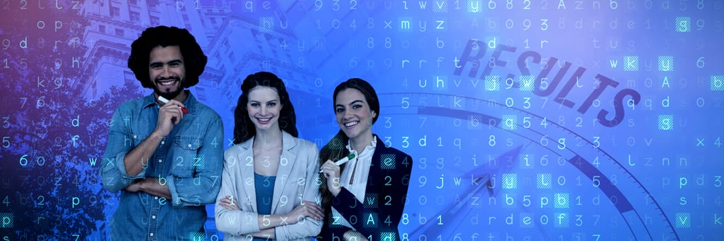 Happy business people standing on white background against compass with result text