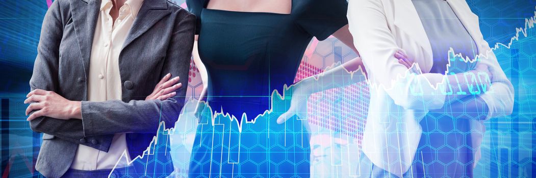 Confident businesswomen standing against white background against stocks and shares