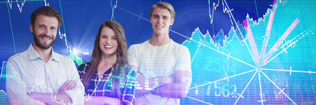 Happy business people with arms crossed standing against white background against stocks and shares