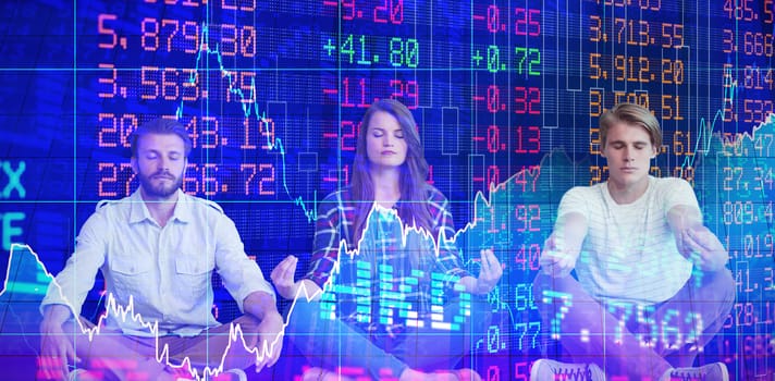 Business people meditating against white background against stocks and shares