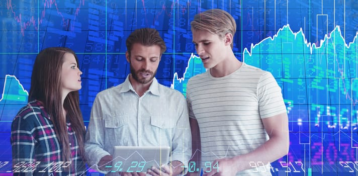 Business people planning over digital tablet against white background against stocks and shares