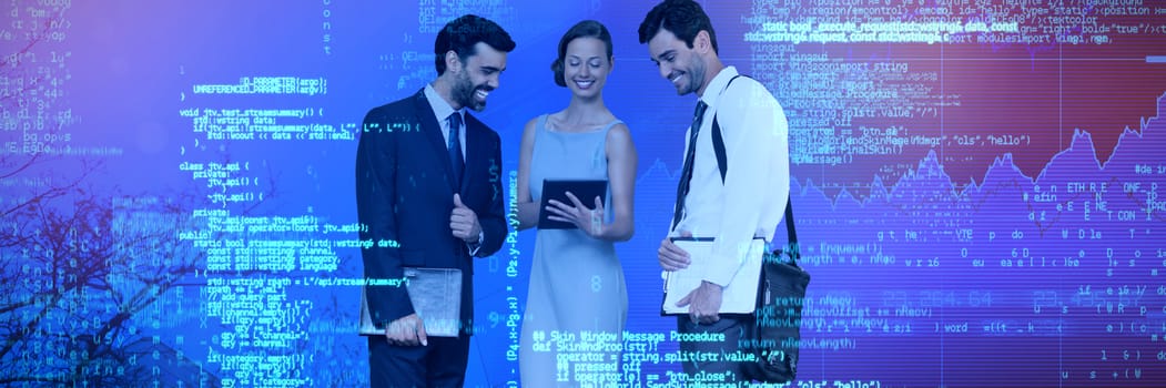 Businesswoman explaining to male colleagues over tablet against stocks and shares