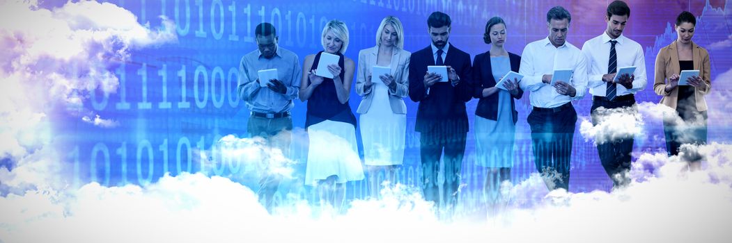 Business people using tablet computer against white background against stocks and shares